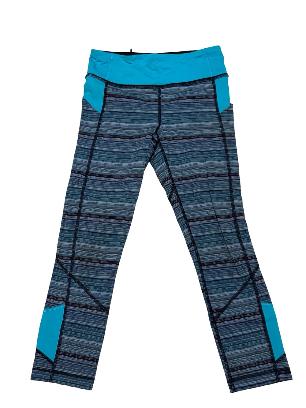 lululemon athletica Blue Striped Leggings Turquoise Waistband & Back Pocket Sz 4